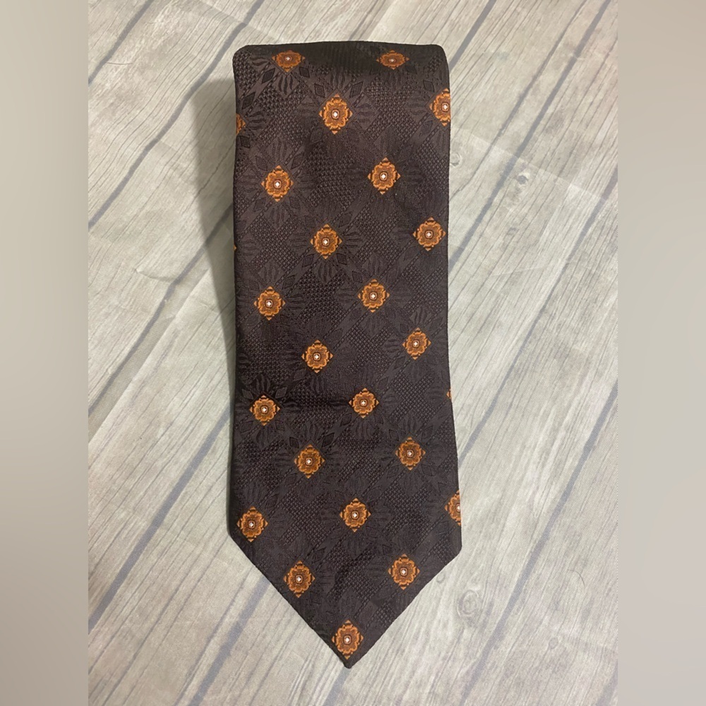 Lanvin Necktie Men's 57” Brown Orange Embossed Silk Geometric Vintage Neck Tie